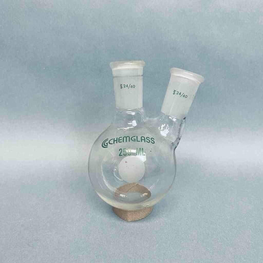 Chemglass Round Bottom Flask 2 Neck 250 ml 24/40 Joints Angled Neck Jointed Glassware Chemglass