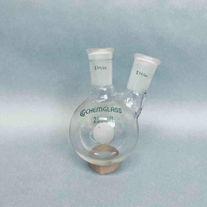 Chemglass Round Bottom Flask 2 Neck 250 ml 24/40 Joints Angled Neck Jointed Glassware Chemglass