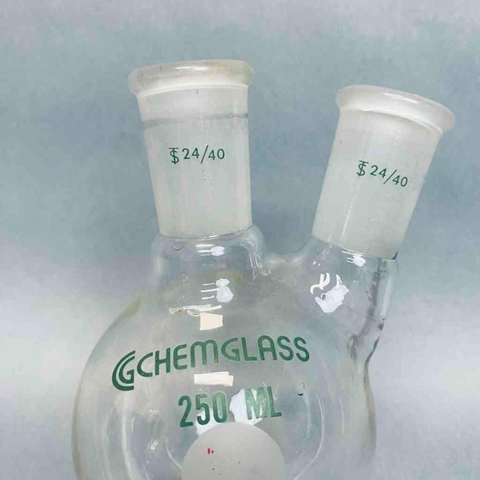 Chemglass Round Bottom Flask 2 Neck 250 ml 24/40 Joints Angled Neck Jointed Glassware Chemglass