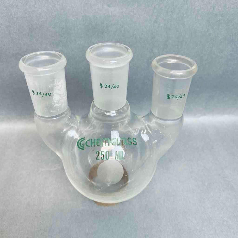 Chemglass Round Bottom Flask 250 ml 3-Neck 24/40 Joints Vertical Jointed Glassware Chemglass