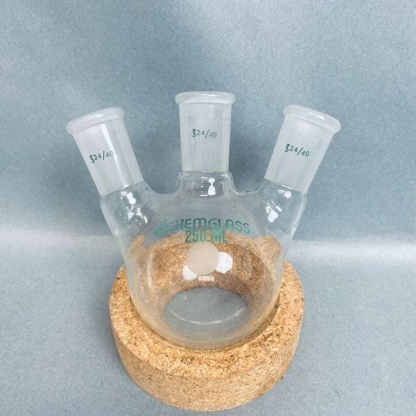 Chemglass Round Bottom Flask 250 ml 3 Neck Angled 24/40 Joints Jointed Glassware Chemglass
