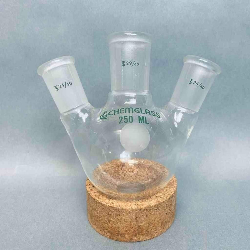 Chemglass Round Bottom Flask 250 ml Angled 3 Neck 29/42 CN 24/40 SN Jointed Glassware Chemglass