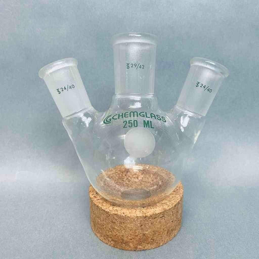 Chemglass Round Bottom Flask 250 ml Angled 3 Neck 29/42 CN 24/40 SN Jointed Glassware Chemglass