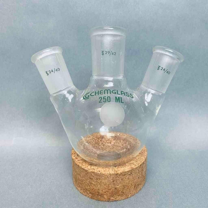 Chemglass Round Bottom Flask 250 ml Angled 3 Neck 29/42 CN 24/40 SN Jointed Glassware Chemglass