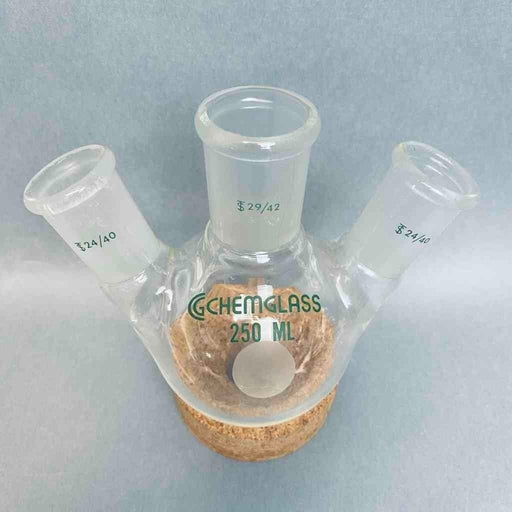 Chemglass Round Bottom Flask 250 ml Angled 3 Neck 29/42 CN 24/40 SN Jointed Glassware Chemglass