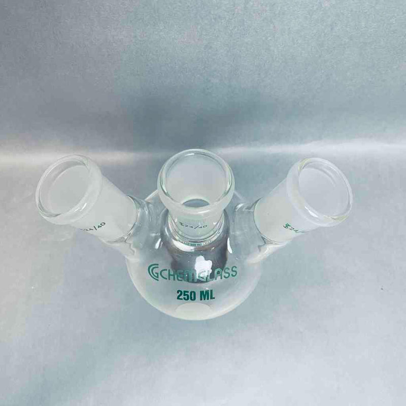 Chemglass Round Bottom Flask 250 ml Heavy Wall 3-Neck 24/40 Joints Lot of 2 Flasks Jointed Glassware Chemglass