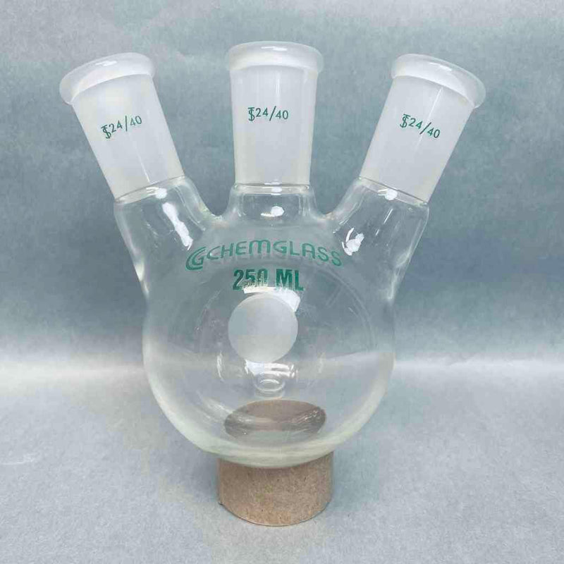 Chemglass Round Bottom Flask 250 ml Heavy Wall 3-Neck 24/40 Joints Lot of 2 Flasks Jointed Glassware Chemglass
