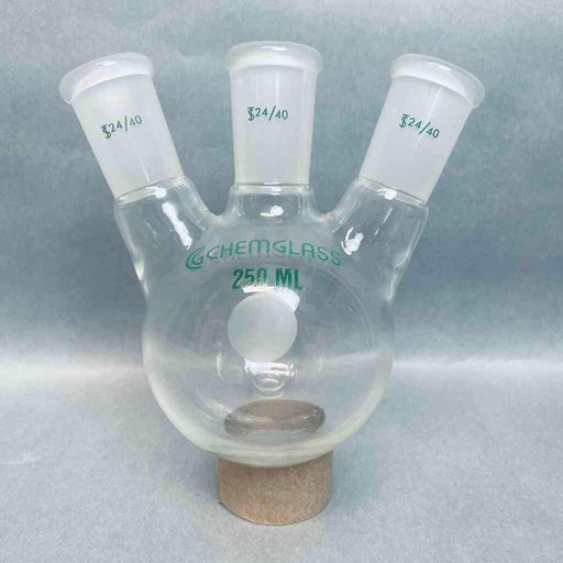 Chemglass Round Bottom Flask 250 ml Heavy Wall 3-Neck 24/40 Joints Lot of 2 Flasks Jointed Glassware Chemglass