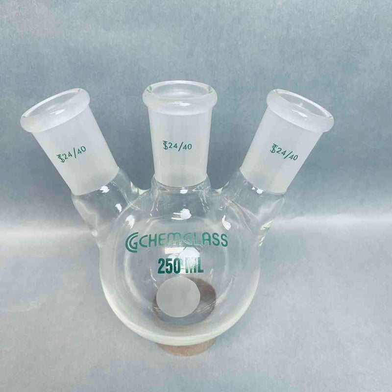 Chemglass Round Bottom Flask 250 ml Heavy Wall 3-Neck 24/40 Joints Lot of 2 Flasks Jointed Glassware Chemglass