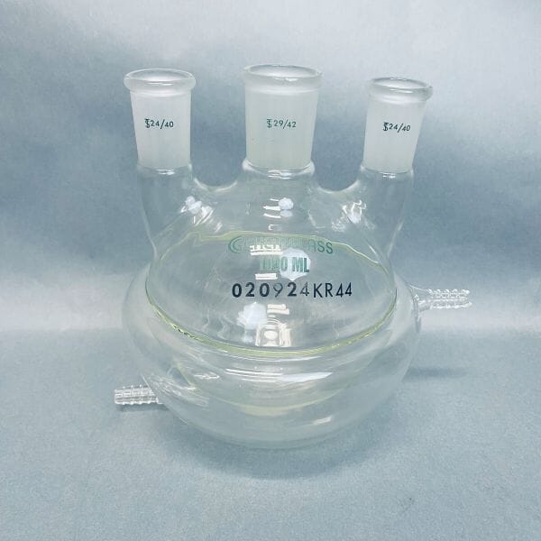 Chemglass Round Bottom Flask 3 Neck 1000 ml 29/42 CN 24/40 SN Half Jacketed Jointed Glassware Chemglass