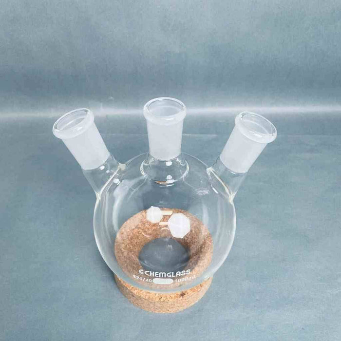 Chemglass Round Bottom Flask 3 Neck 1000 ml Angled with 24/40 Joints Jointed Glassware Chemglass