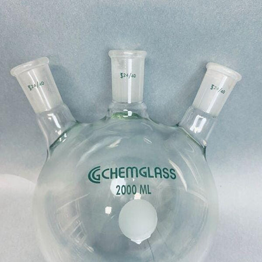 Chemglass Round Bottom Flask 3 Neck 2000 ml with 24/40 Joints Angled Glassware Chemglass