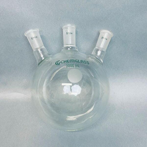 Chemglass Round Bottom Flask 3 Neck 2000 ml with 24/40 Joints Angled Glassware Chemglass