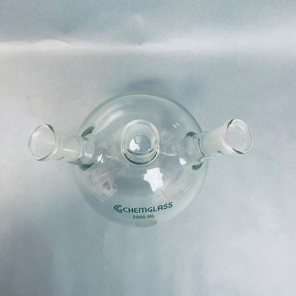 Chemglass Round Bottom Flask 3 Neck 2000 ml with 24/40 Joints Angled Glassware Chemglass
