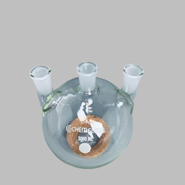 Chemglass Round Bottom Flask 3 Neck 3000 ml with 24/40 Joints Straight Glassware Chemglass