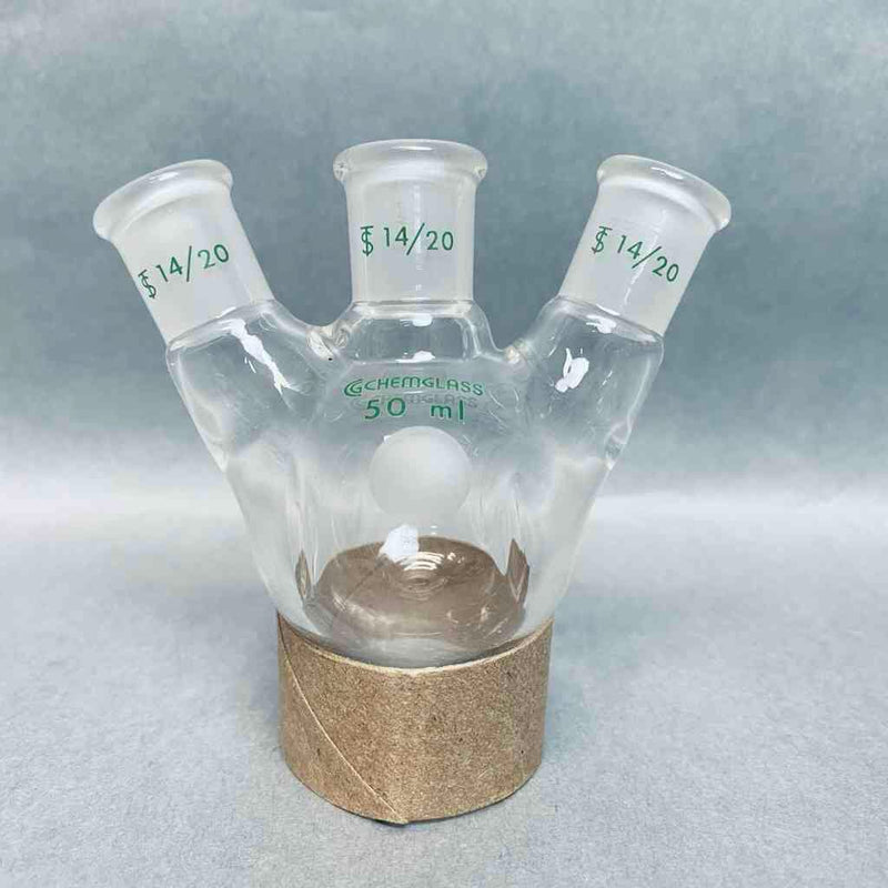 Chemglass Round Bottom Flask 50 ml 3-Neck 14/20 Joints Angled with Morton Indents Jointed Glassware Chemglass
