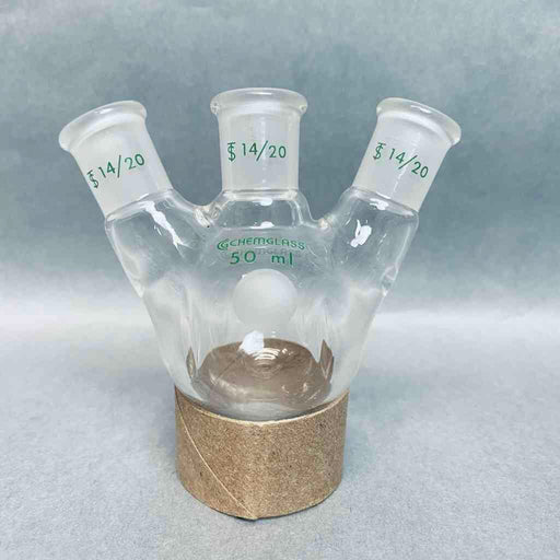 Chemglass Round Bottom Flask 50 ml 3-Neck 14/20 Joints Angled with Morton Indents Jointed Glassware Chemglass