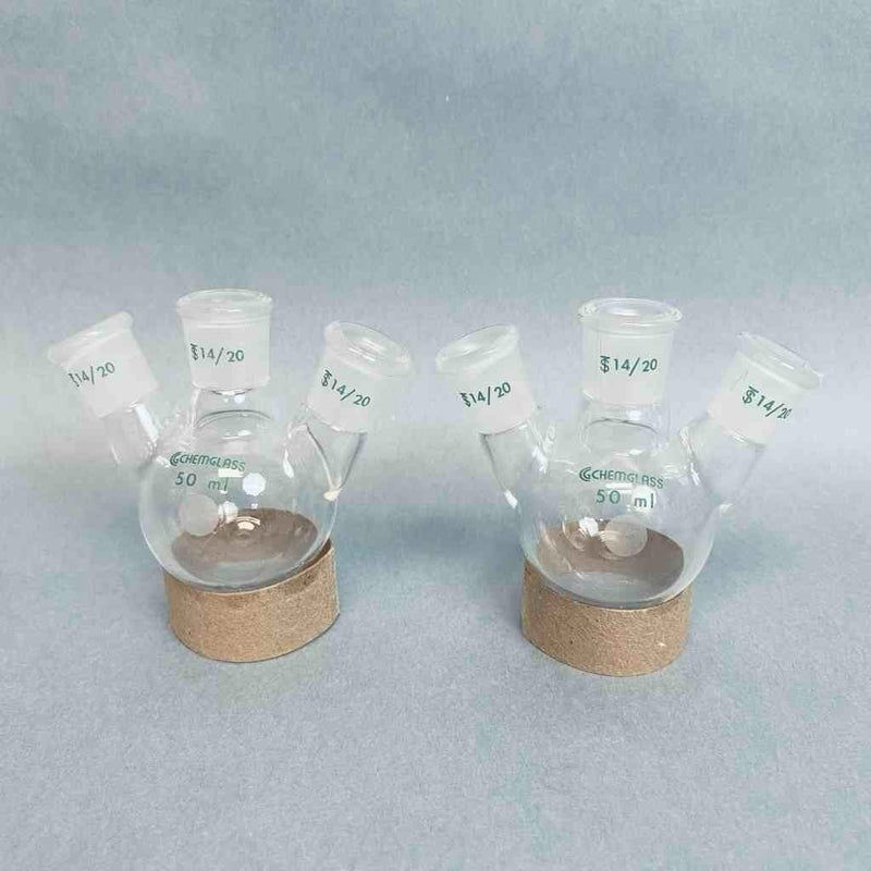 Chemglass Round Bottom Flask 50 ml 3 Neck Angled with 14/20 Joints Lot of 2 Flasks Jointed Glassware Chemglass