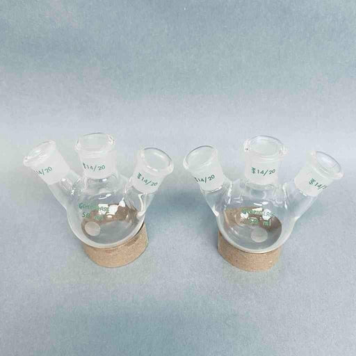 Chemglass Round Bottom Flask 50 ml 3 Neck Angled with 14/20 Joints Lot of 2 Flasks Jointed Glassware Chemglass