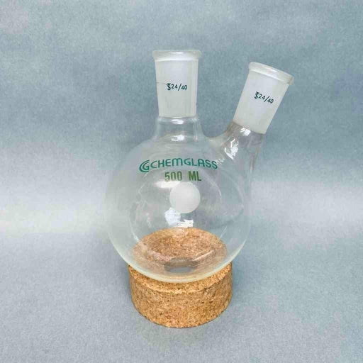 Chemglass Round Bottom Flask 500 ml 2 Neck Angled 24/40 Joints Jointed Glassware Chemglass