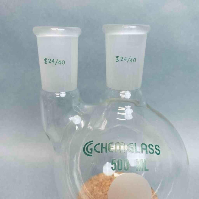 Chemglass Round Bottom Flask 500 ml 2 Neck Straight 24/40 Joints Jointed Glassware Chemglass