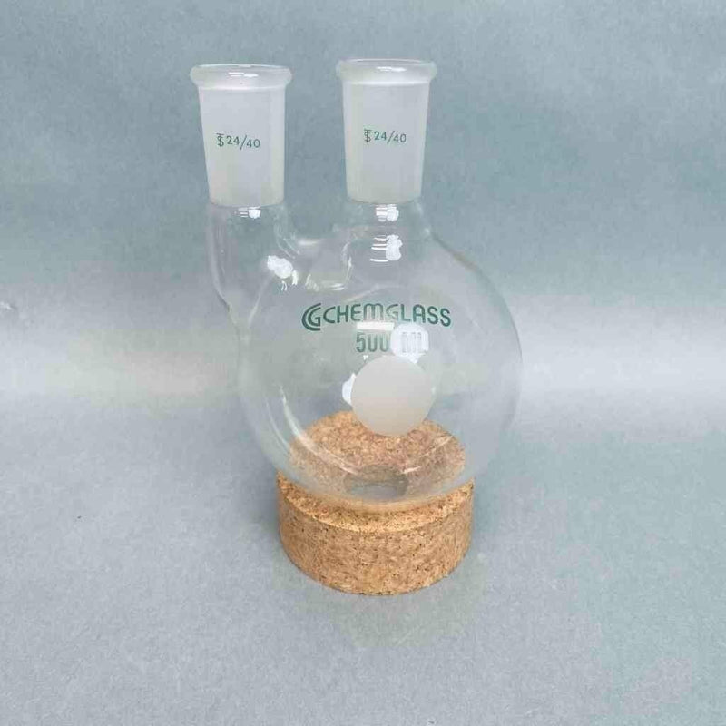 Chemglass Round Bottom Flask 500 ml 2 Neck Straight 24/40 Joints Jointed Glassware Chemglass