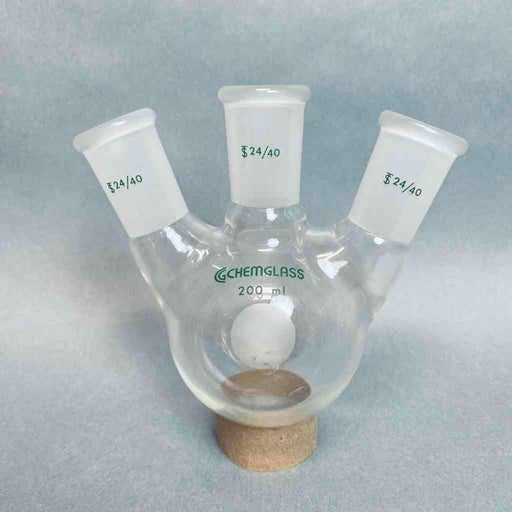 Chemglass Round Bottom Flask Heavy Wall 200 ml Angled 24/40 Joints Jointed Glassware Chemglass