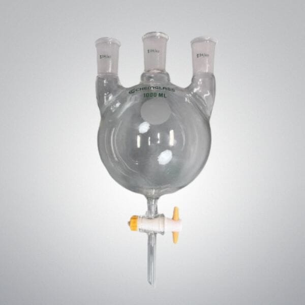 Chemglass Round Bottom Flask Three Neck 1000 ml with Stopcock Glassware Chemglass