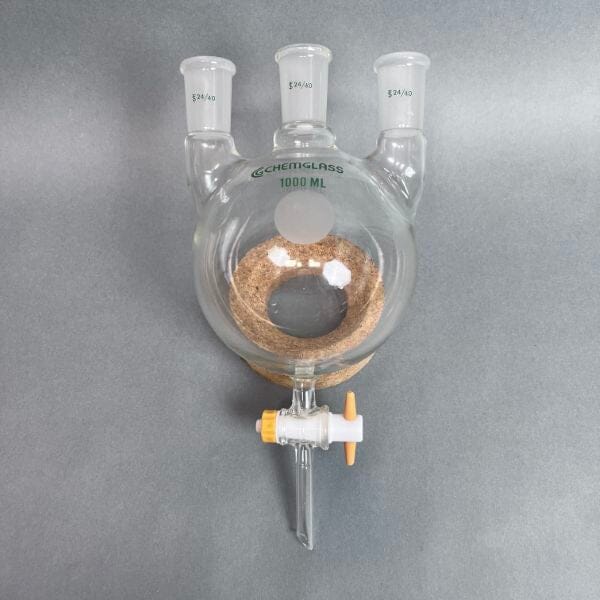 Chemglass Round Bottom Flask Three Neck 1000 ml with Stopcock Glassware Chemglass