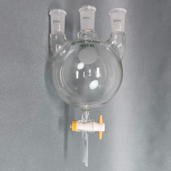 Chemglass Round Bottom Flask Three Neck 1000 ml with Stopcock Glassware Chemglass