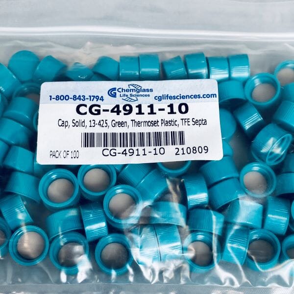 Chemglass Vial Cap Green Thermoset Plastic TFE Septa Pack of 100 Caps Lab Consumables::Tubes, Vials, and Flasks Chemglass