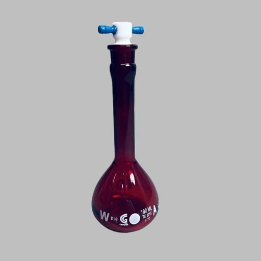 Chemglass Volumetric Flask 100 ml Amber with PTFE Stopper Total of 3 Flasks Glassware Chemglass