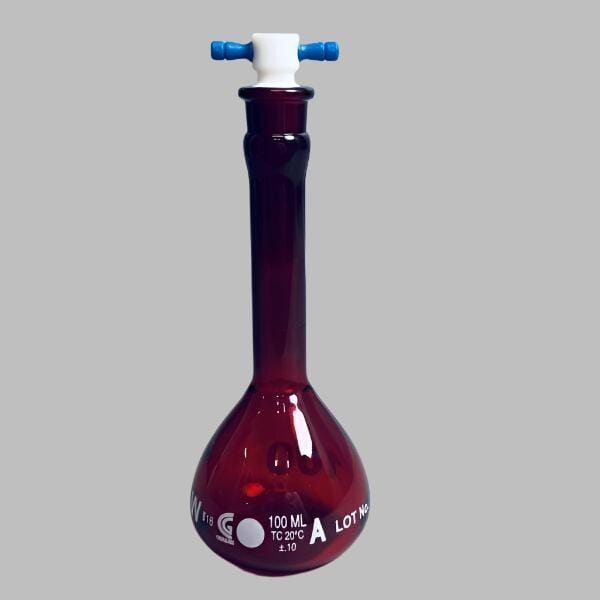 Chemglass Volumetric Flask 100 ml Amber with PTFE Stopper Total of 3 Flasks Glassware Chemglass