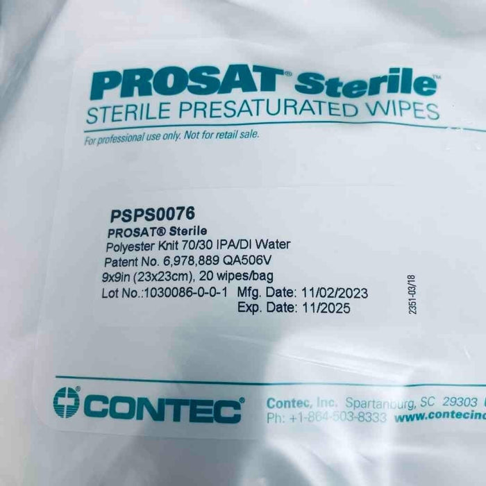 Contec PROSAT Sterile Polynit Heatseal Wipes 70% IPA 30% DI Water Total of 100 Wipes Cleaning Equipment & Kits Contec