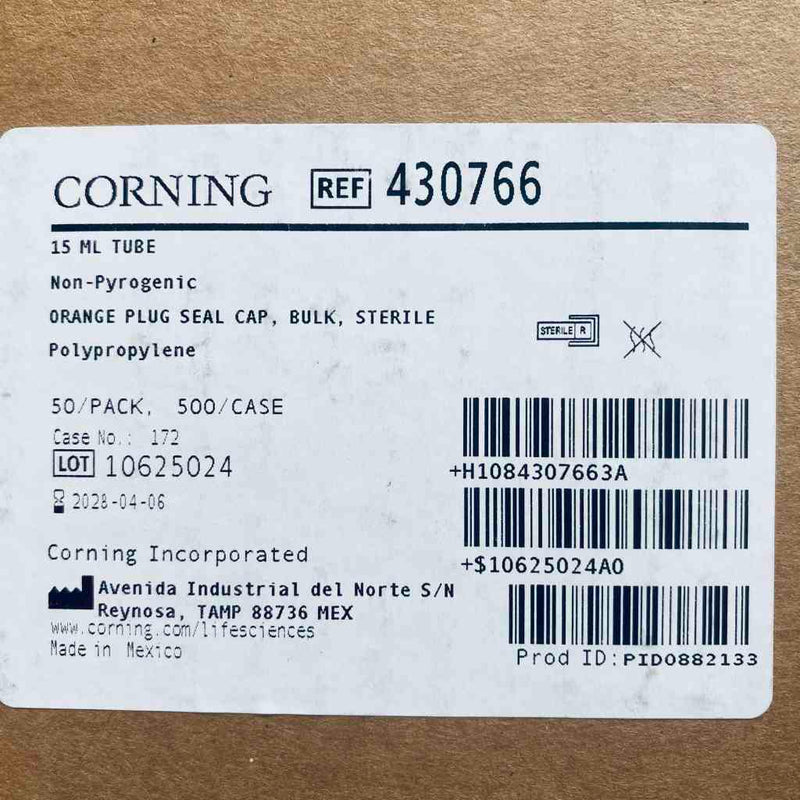 Corning Centrifuge Tube 15 ml Plug Seal Cap Polypropylene Case of 500 Tubes Centrifuge Tubes Corning