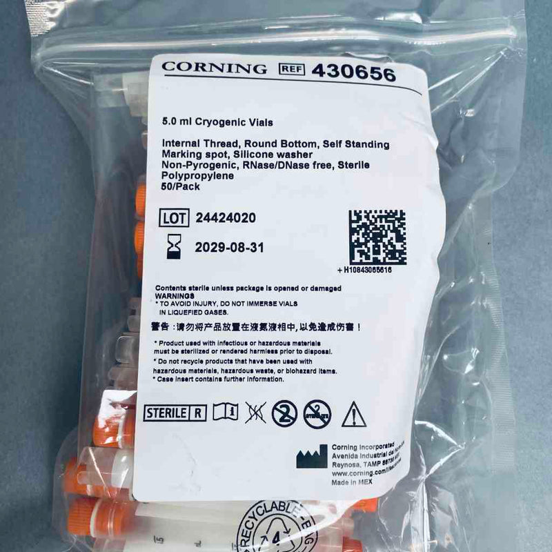 Corning Cryogenic Vial 5 mL Internal Thread Round Bottom Self Standing Case of 500 Vials Vials Corning