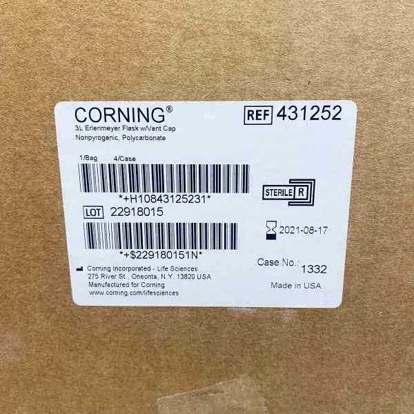 Corning Culture Flasks 3L Vented Cap Erlenmeyer Fernbach Sterile Case of 4 Lab Culture Flask Corning