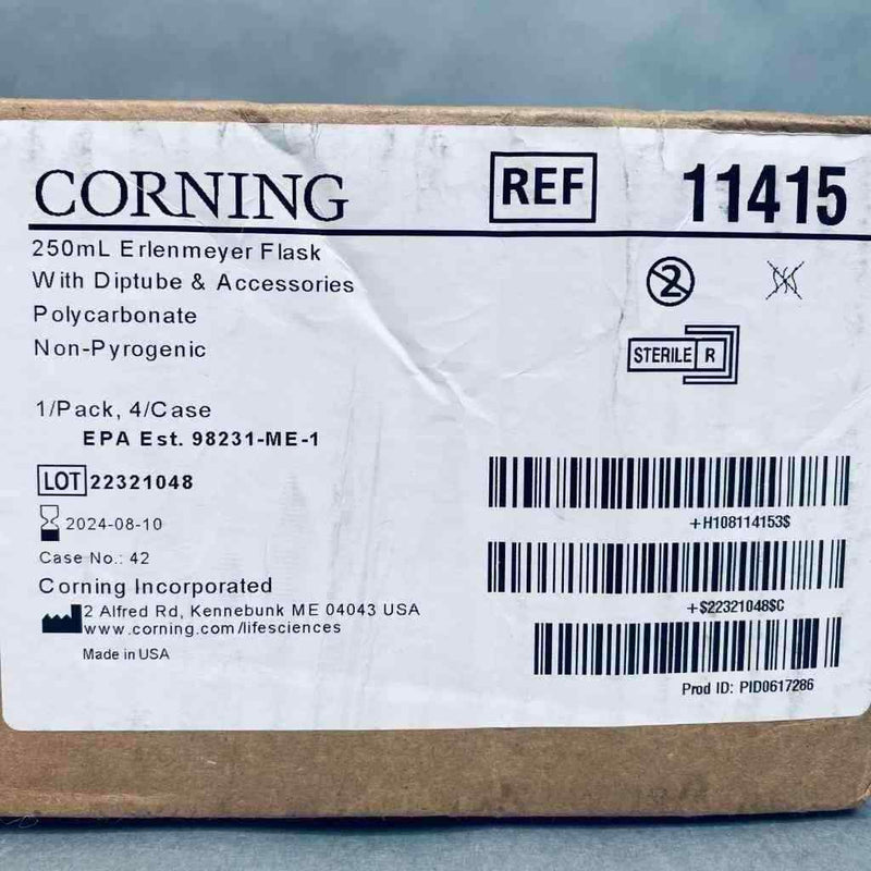 Corning Erlenmeyer Flask with Diptube and Accessories 250 ml Case of 4 Flasks Lab Flasks Corning