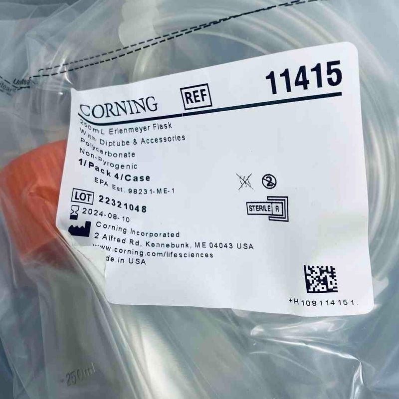 Corning Erlenmeyer Flask with Diptube and Accessories 250 ml Case of 4 Flasks Lab Flasks Corning