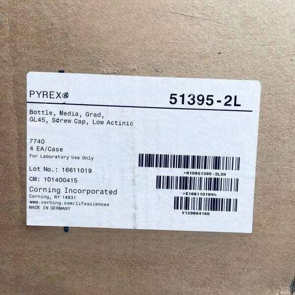 Corning Low Actinic Media Storage Bottle 2 L GL45 Cap Case of 4 Bottles Lab Consumables::Reagent and Storage Bottles Corning