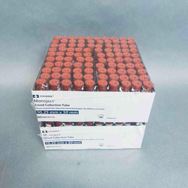 Covidien Monoject Blood Collection Tube 2 ml 10.25 mm x 50 mm 2 Packs of 100 Tubes Each Blood Collection Tubes Covidien