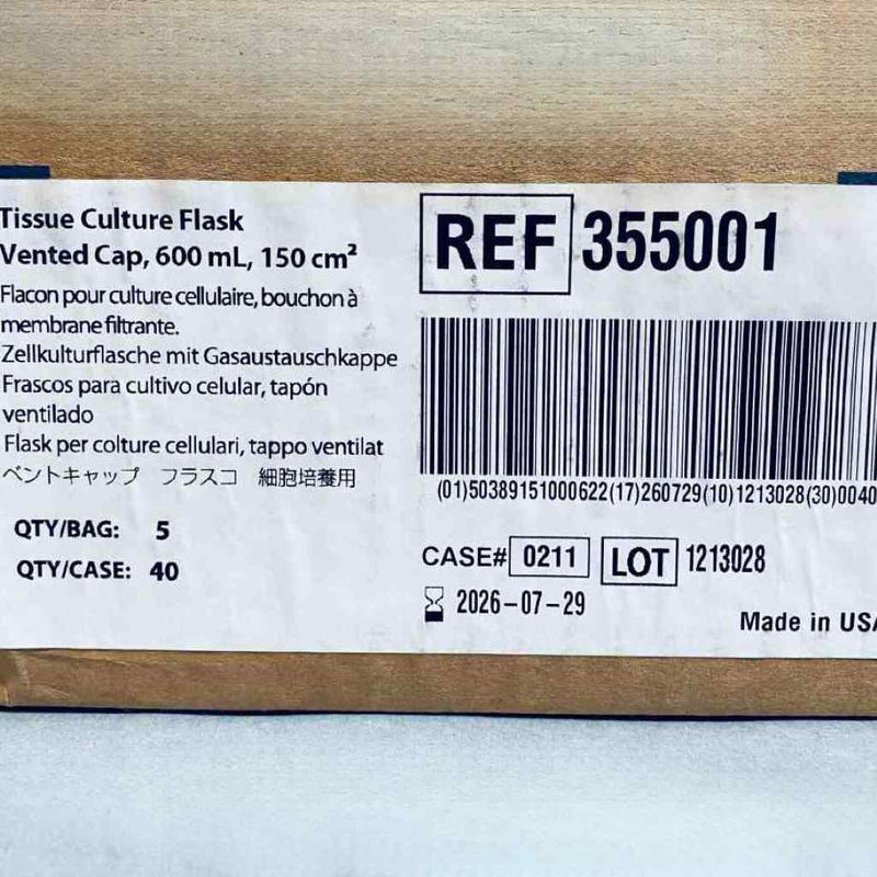Falcon 355001 Canted Neck Cell Culture Flask 600 ml 150 cm2 Case of 40 Flasks Lab Culture Flask Falcon