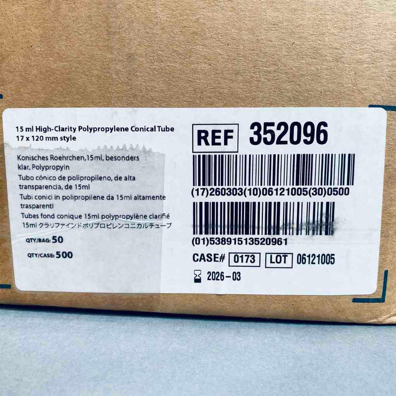 Falcon Centrifuge Tube 15 ml High Clarity Screw Cap 17 x 120 mm Polypropylene Case of 500 Tubes Lab Consumables::Tubes, Vials, and Flasks Falcon