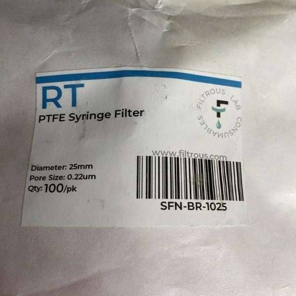 Filtrous SFN-BR-1025 Syringe Filters RT PTFE 0.22 um 25 mm Sealed Pack of 100 Filters Filtrous