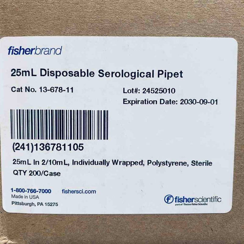 Fisher Scientific Serological Pipette 25 ml Polystyrene Case of 200 Pipettes Pipets & Pipette Tips Fisher Scientific