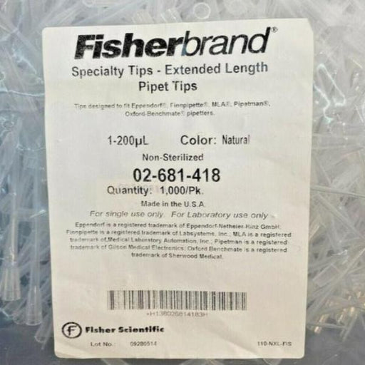 Fisherbrand 02-681-418 Pipette Tips 200 ul Extended Length Pack of 1000 Tips Pipettes & Pipette Tips Fisherbrand