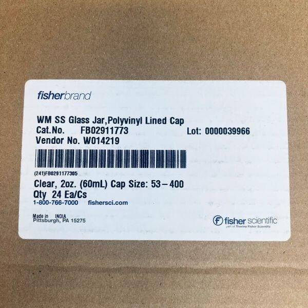 Fisherbrand Straight Sided Glass Jar 60 ml Clear with Polyvinyl Lined Cap Case of 24 Jars Glassware Fisherbrand