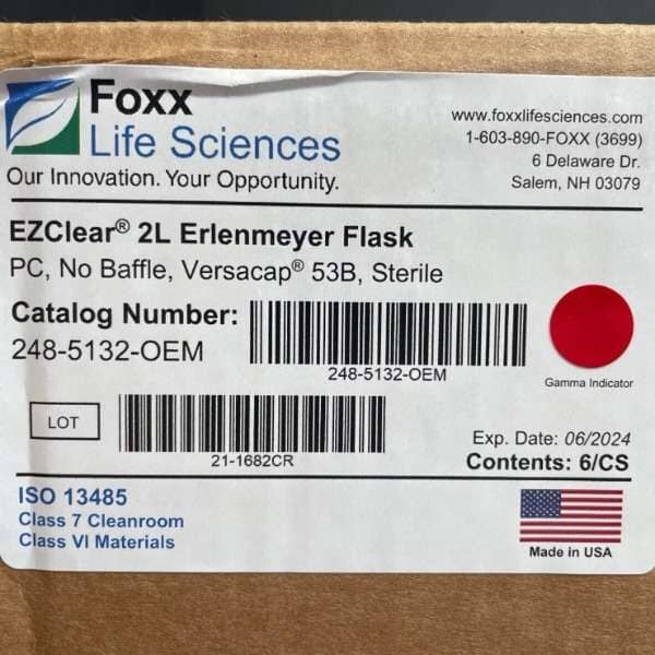 Foxx Erlenmeyer Flask 2 L EZClear Versacap 53B Case of 6 Flasks Lab Consumables::Tubes, Vials, and Flasks Foxx