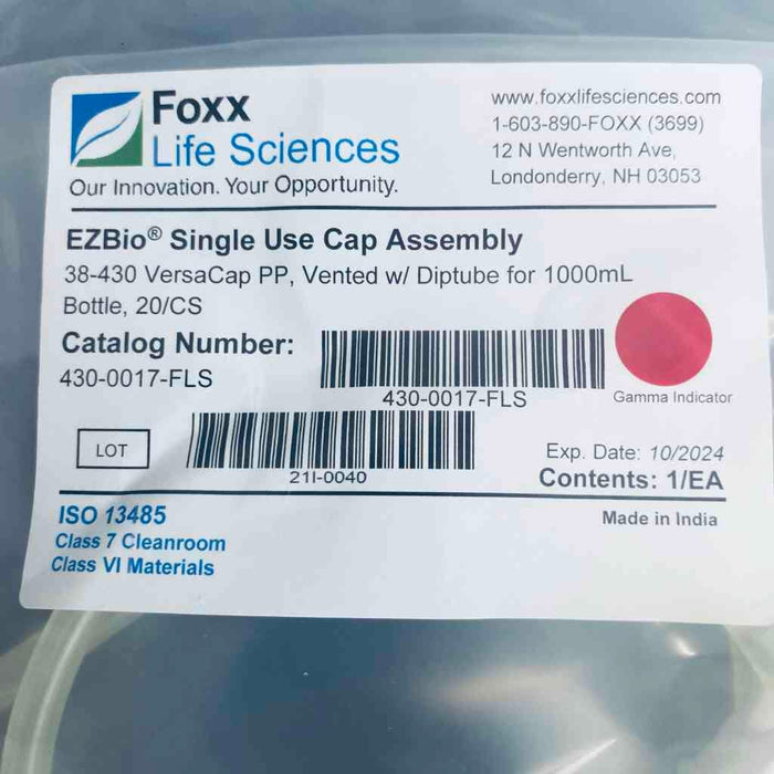 Foxx EZBio VersaCap Vented Cap with Diptube for 1000 ml Bottle Lot of 5 Caps Bottles Foxx Life Sciences