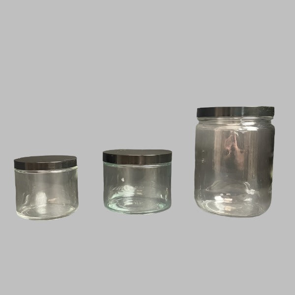 Glass Jar with Black Lid Wide Mouth Assorted Sizes - 9 Jars Glassware Specialty Bottle